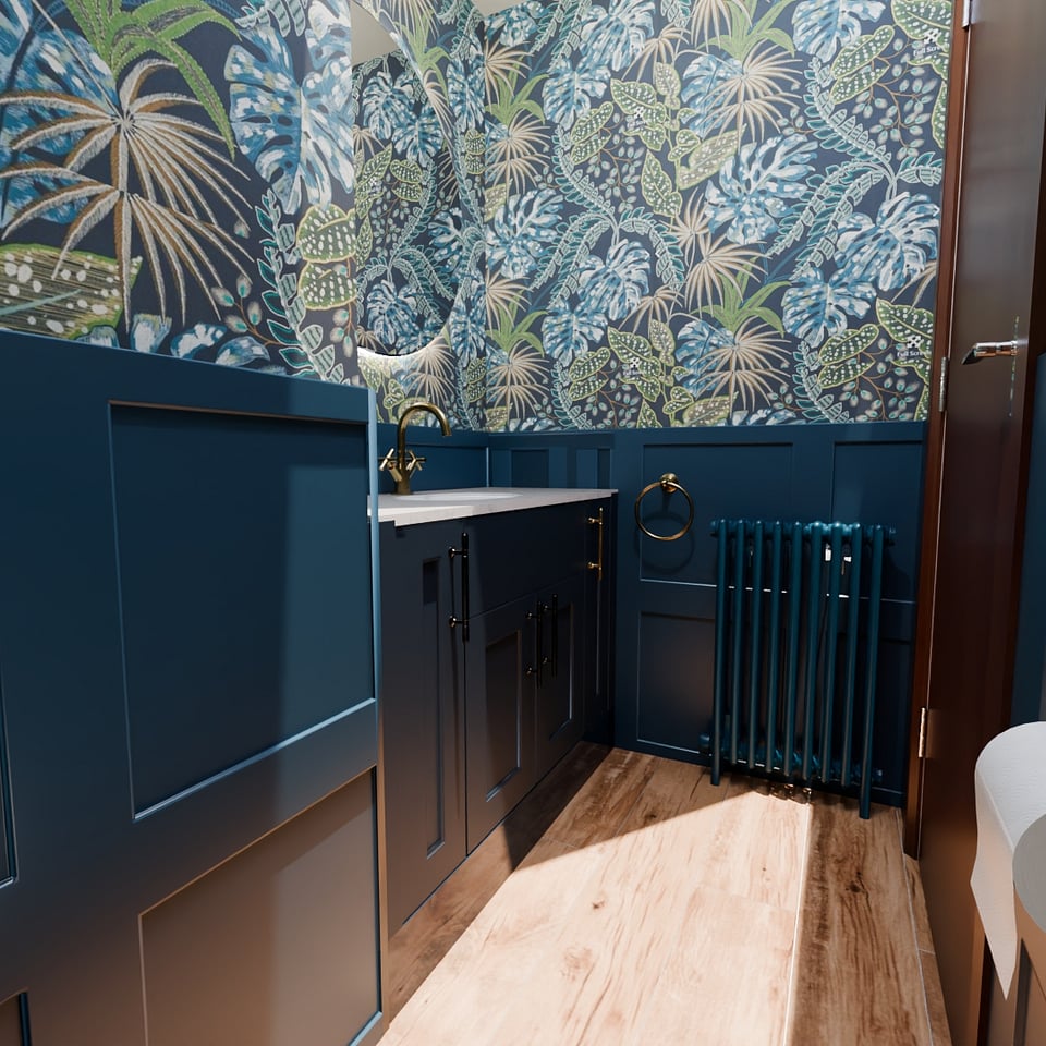 3D render left wall view showing WC zone and navy panelling Hatfield Peverel CM3 cloakroom