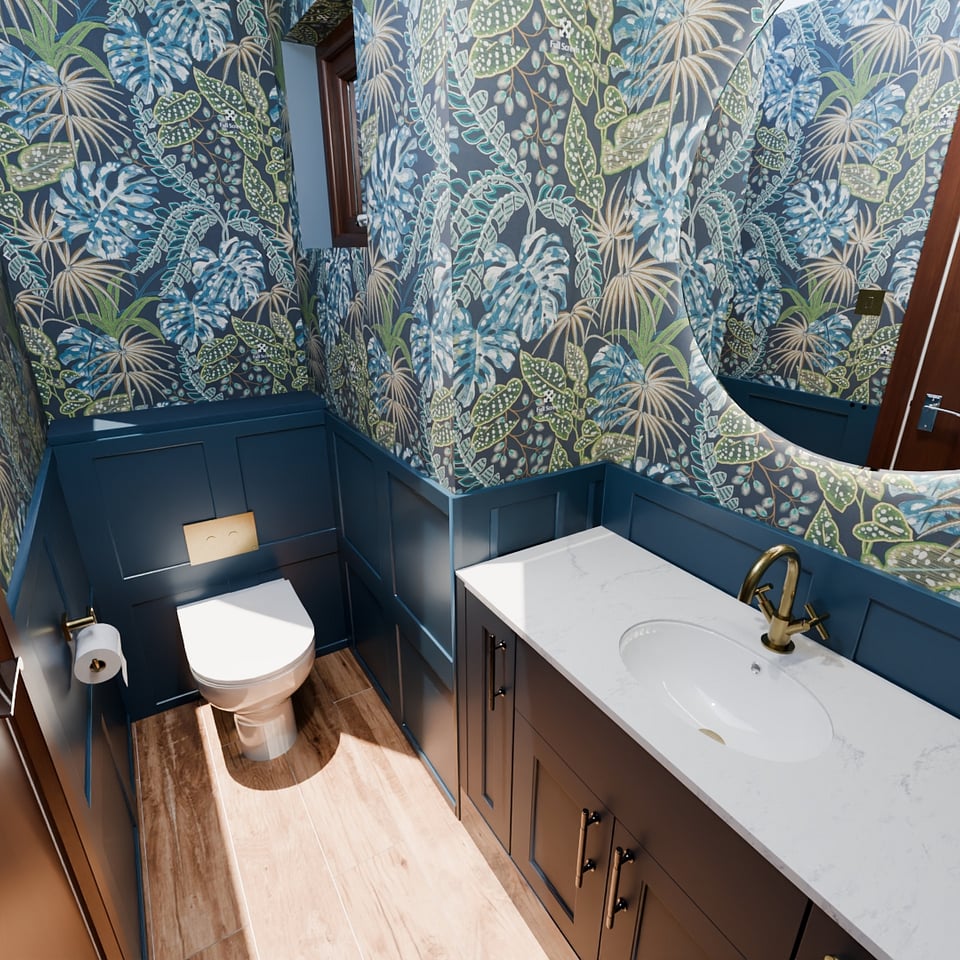 3D render right wall view showing vanity and mirror Hatfield Peverel CM3 cloakroom