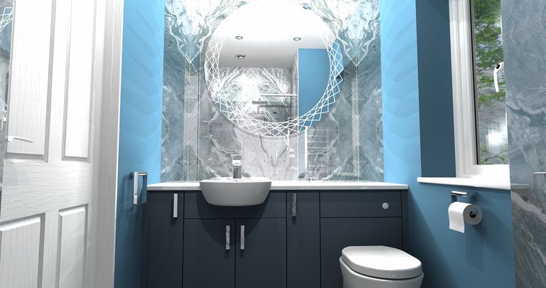3D design render of the Highwoods CO4 ensuite showing the blue vanity, HiB Bellus mirror and bookmatched wall before work began
