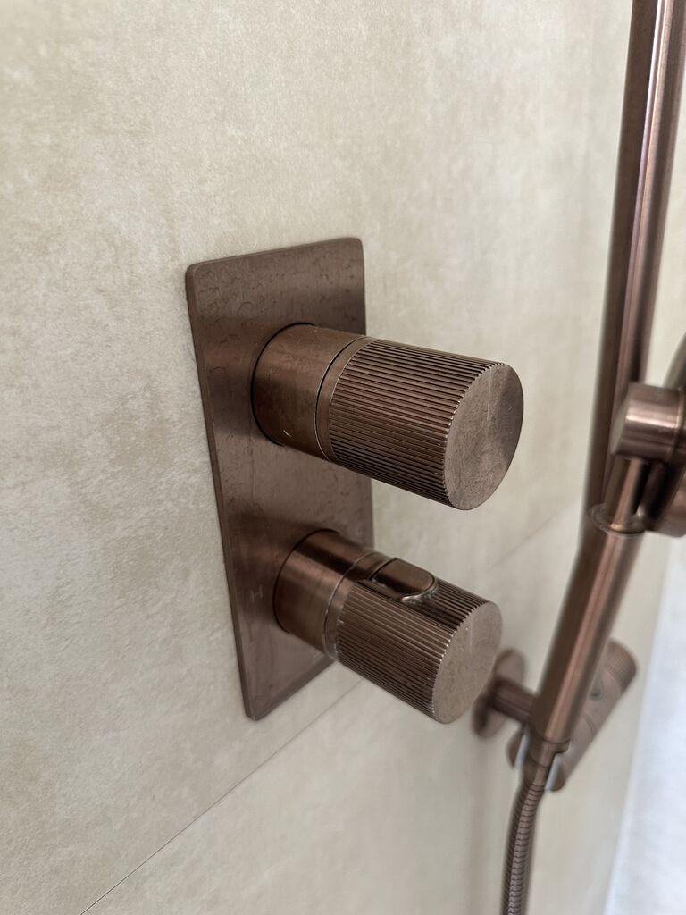 Fluted brushed bronze thermostatic shower valve detail Kelvedon CO5 Essex master ensuite