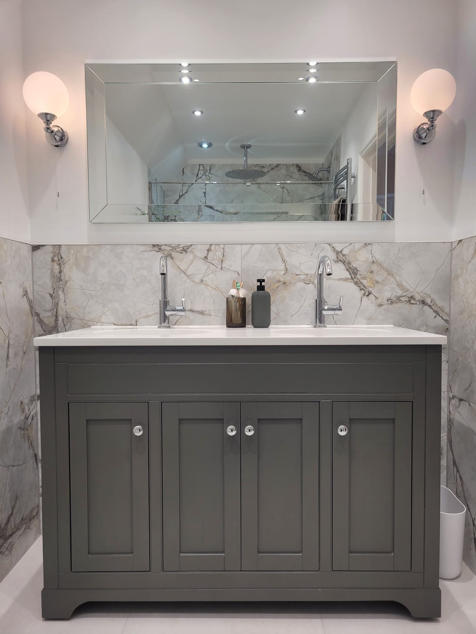Roper Rhodes double vanity in dark grey with twin Crosswater mixers and Burlington globe wall lights Tiptree CO5