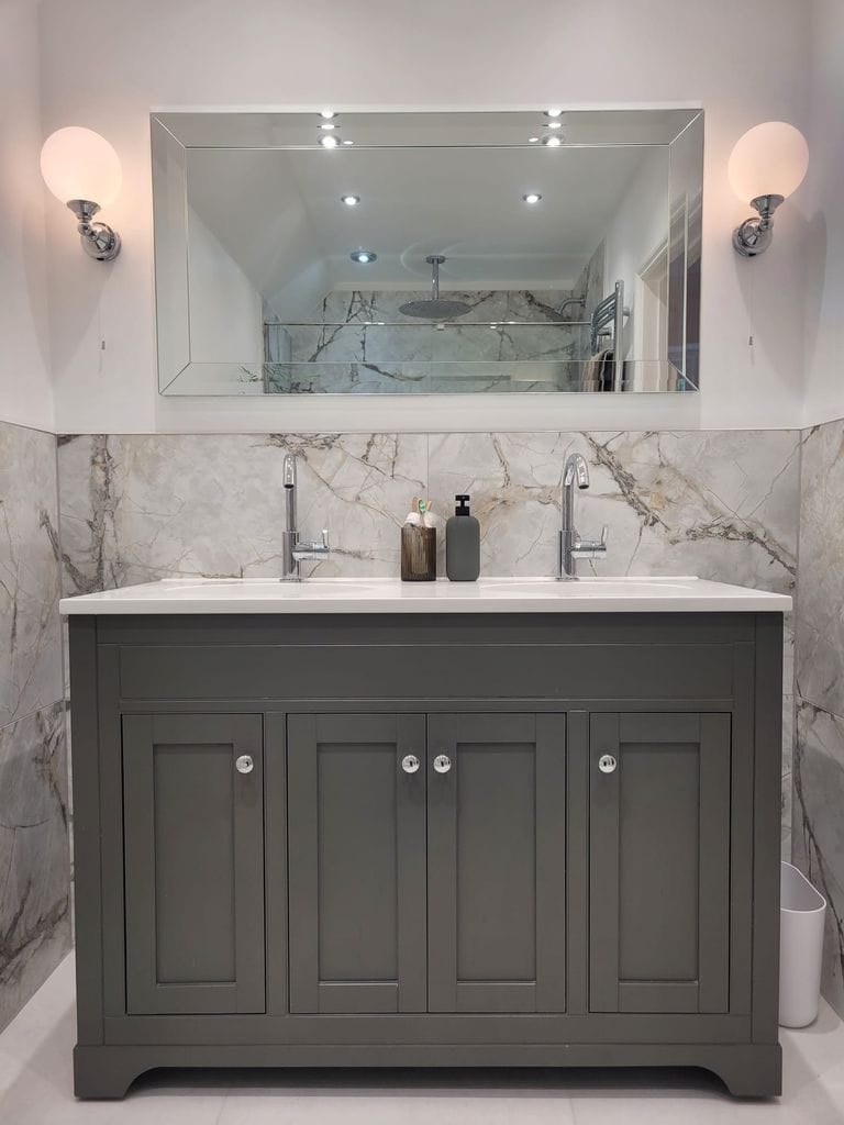 Roper Rhodes double vanity in dark grey with twin Crosswater mixers and Burlington globe wall lights Tiptree CO5
