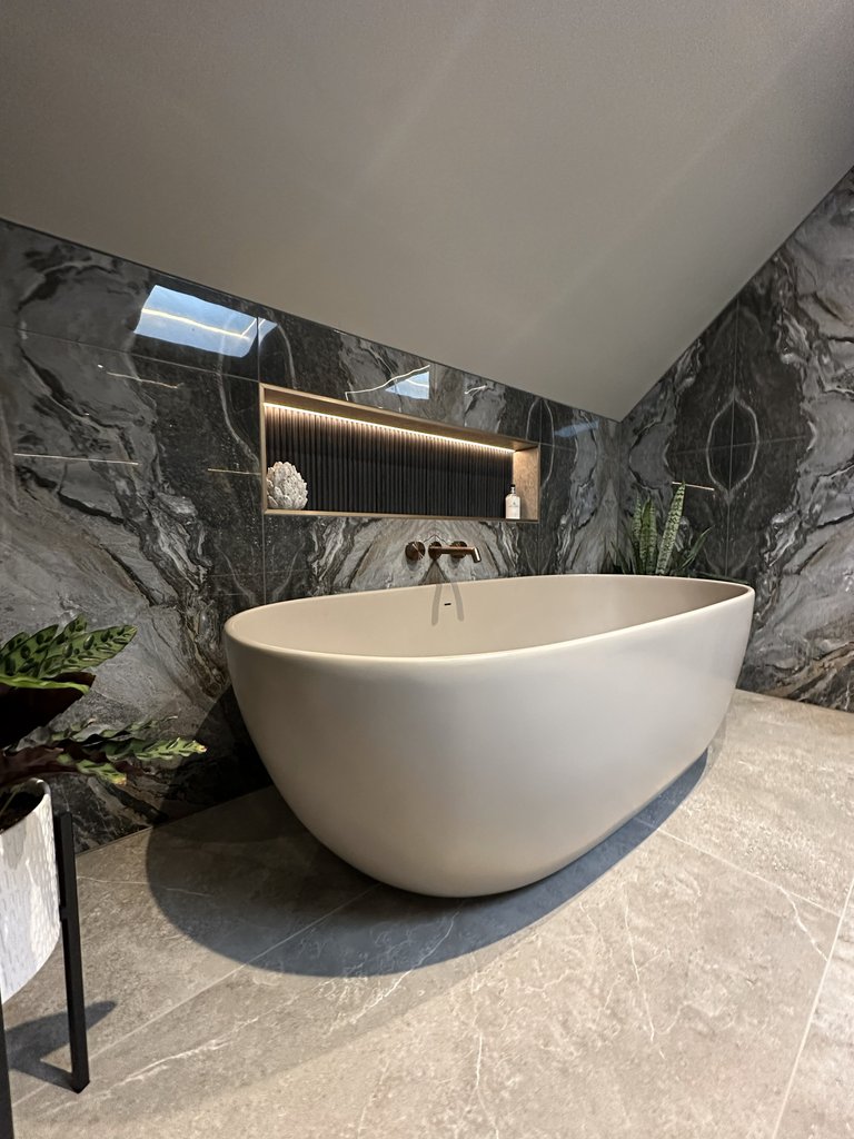 Luxury ensuite detailing in West Mersea with premium finishes and layered lighting