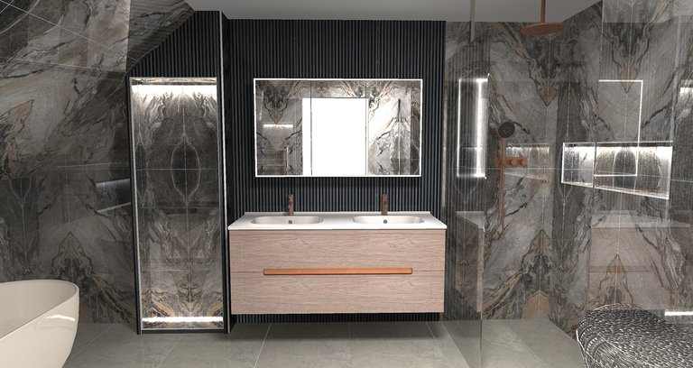 3D wetroom layout render with dual showers and pebble bench for West Mersea master ensuite