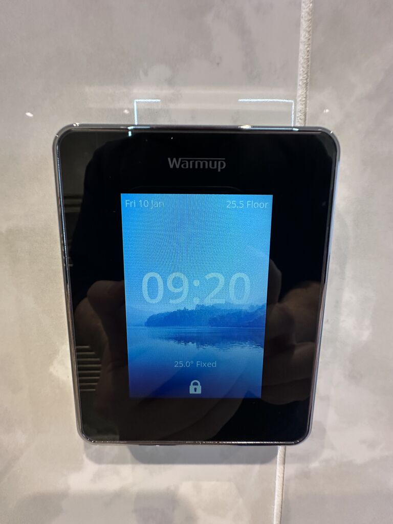 Warmup 6iE touchscreen underfloor heating thermostat in master ensuite Wickham Bishops CM8 Essex