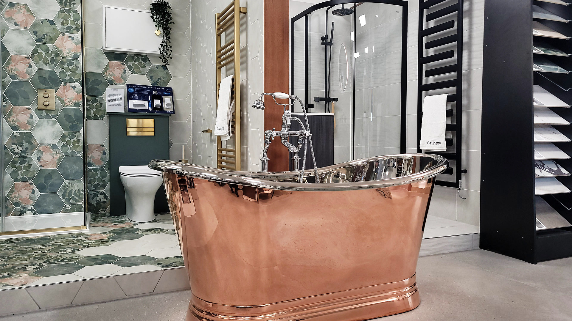 Inside our Braintree showroom — bathroom displays, taps, showers and tiles you can see and touch